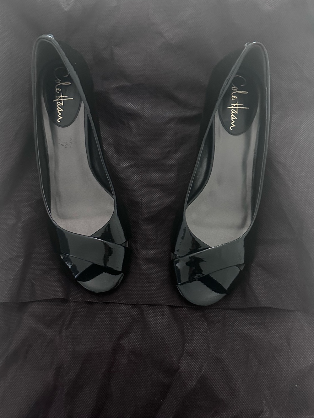 Cole Haan Black Patent Peep-Toe Wedges with Crossover Detail